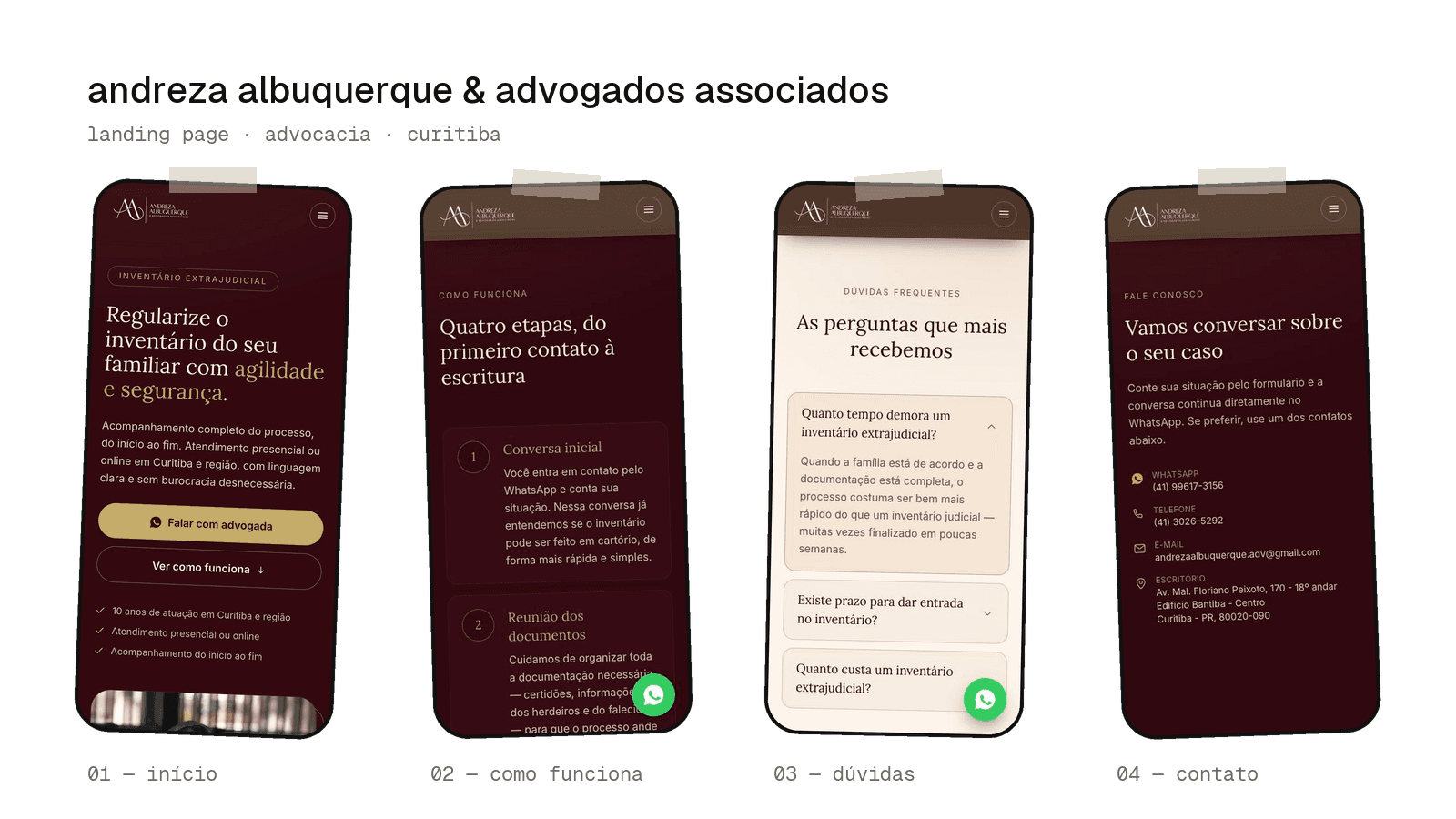 Quatro telas do site no celular: início, como funciona, dúvidas e contato